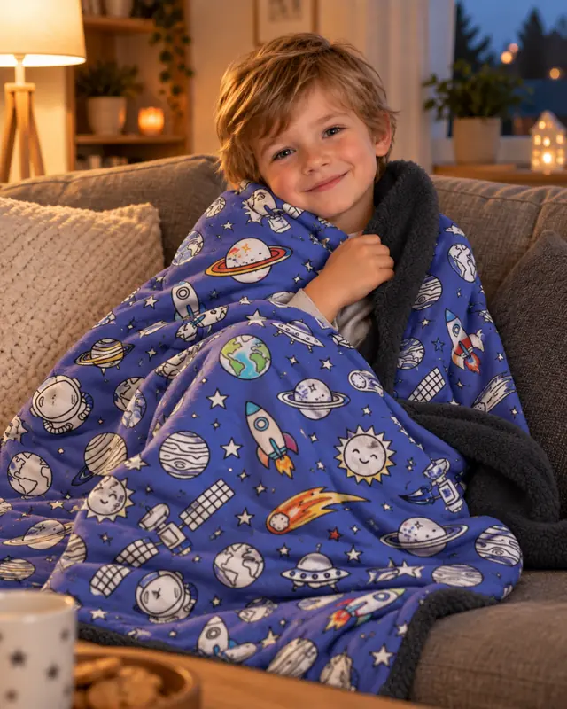 Junge sitzt abends eingekuschelt in der Ausmaldecke mit Weltraummotiv auf dem Sofa