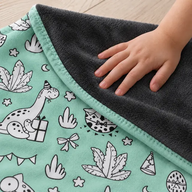 Nahaufnahme: Kinderhand auf der dunklen Plüsch-Rückseite, daneben die bedruckte Vorderseite mit Dinos auf Mint