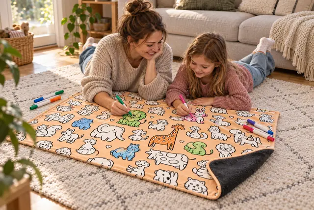 Mutter und Tochter malen auf dem Wohnzimmerteppich die Ausmaldecke mit Tiermotiven auf Apricot aus